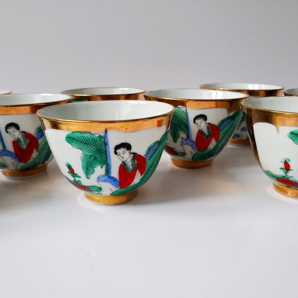 RARE FIND Vintage Asian Gold Gilded Rim Hand Painted Dipping Bowls Set of 10 pcs